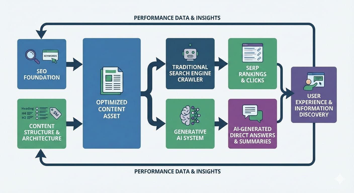 Advanced GEO Strategies for Sustainable AI Visibility 2 Illustration representing Advanced GEO Strategies, showing how structured content, AI systems, and search platforms work together to improve AI visibility.